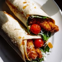 Crispy fried chicken strips drenched in spicy hot honey rest atop creamy Caesar salad, all wrapped in a soft flour tortilla for a handheld meal.