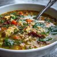 Golden Soothing Turmeric Chicken with Pearl Barley, a warming comfort soup.