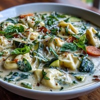 Creamy Vegetable Tortellini Soup steaming in a white bowl, garnished with fresh basil and grated Parmesan for a comforting Italian-inspired meal.