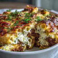 Close-up of a golden, bubbling Cottage Cheese Protein Pasta Bake with Ground Beef, fresh basil garnish on top.