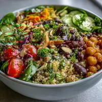 Freshly prepared Rainbow Salad Bowl brimming with quinoa, chickpeas, and crisp, colorful vegetables tossed in a bright lemon dressing.
