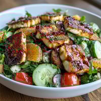 Golden fried halloumi and blood orange segments atop mixed greens for Halloumi Blood Orange Fattoush.