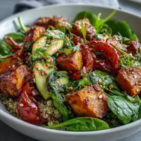 Roasted sweet potatoes and bell peppers rest on quinoa and spinach in a warm salad bowl, drizzled with a savory warm vinaigrette.