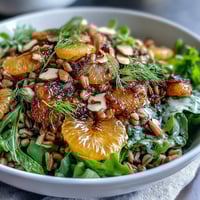 Farro Salad Bowl with Fennel, Oranges & Almonds in a white bowl, topped with toasted almonds and fennel fronds.