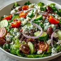 Fresh spring mix with cherry tomatoes, cucumber, and Kalamata olives topped with crumbled feta cheese in a Mediterranean Green Salad Bowl.