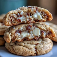 Two Hojicha White Chocolate Cookies on a white plate feature a crinkly texture and deep brown hue, with creamy white chocolate chips melting on top. 
