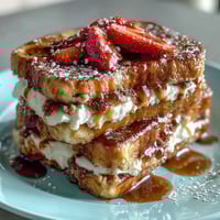 Strawberry French toast bake with golden crust, fresh berries, and creamy custard in a warm brunch casserole.