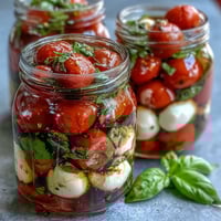 Vibrant mason jar Caprese salad with fresh mozzarella, cherry tomatoes, and basil, layered for easy transport and perfect picnic lunches.