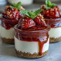 No-Bake Strawberry Cheesecake Jars filled with creamy layers and fresh strawberry compote in glass jars.
