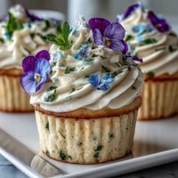 Vanilla cupcakes topped with creamy buttercream and delicate edible spring flowers, perfect for elegant dessert tables.