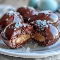 Decadent dark chocolate Easter eggs filled with smooth peanut butter and topped with flaky sea salt — a festive homemade treat.