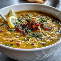 Turmeric Lemon Lentil Soup with golden lentils, fresh lemon juice, and warming spices served in a cozy bowl with herbs on top.
