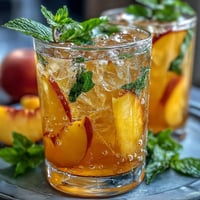 Vibrant Iced Peach Green Tea Lemonade, a tall glass brimming with refreshing fruity and citrus flavors.