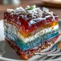 Vibrant Rainbow Jelly Cake with coconut cream, a beautifully layered vegan dessert.