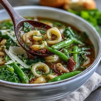 Spring Minestrone soup with fresh vegetables and pasta in a savory broth, garnished with Parmesan and basil.