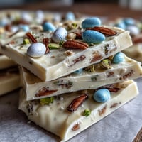 A vibrant white chocolate Easter bark studded with pastel candy eggs and crunchy pistachios, perfect for festive spring gatherings.