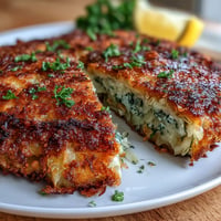Golden-brown cabbage schnitzel slices, crispy and tender, served with fresh parsley and lemon wedges for a satisfying vegetarian main.