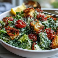 A vibrant Tahini Caesar Salad with crisp romaine, juicy cherry tomatoes, and crunchy croutons tossed in creamy tahini-lemon dressing.  