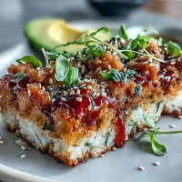 Golden, crispy rice squares topped with spicy tuna and creamy avocado for a restaurant-quality appetizer.