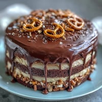 Rich Father's Day Chocolate Peanut Butter Pretzel Cake ready for slicing.