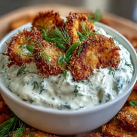 Creamy Fried Pickle Dip topped with golden fried pickles, ready to serve.