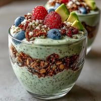 Creamy fiber-rich avocado chia pudding parfait layered with vibrant berries and crunchy granola.