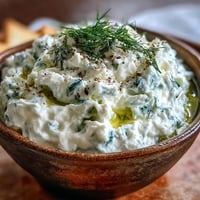 Creamy skyr tzatziki dip with fresh dill and cucumber, a healthy Mediterranean appetizer.